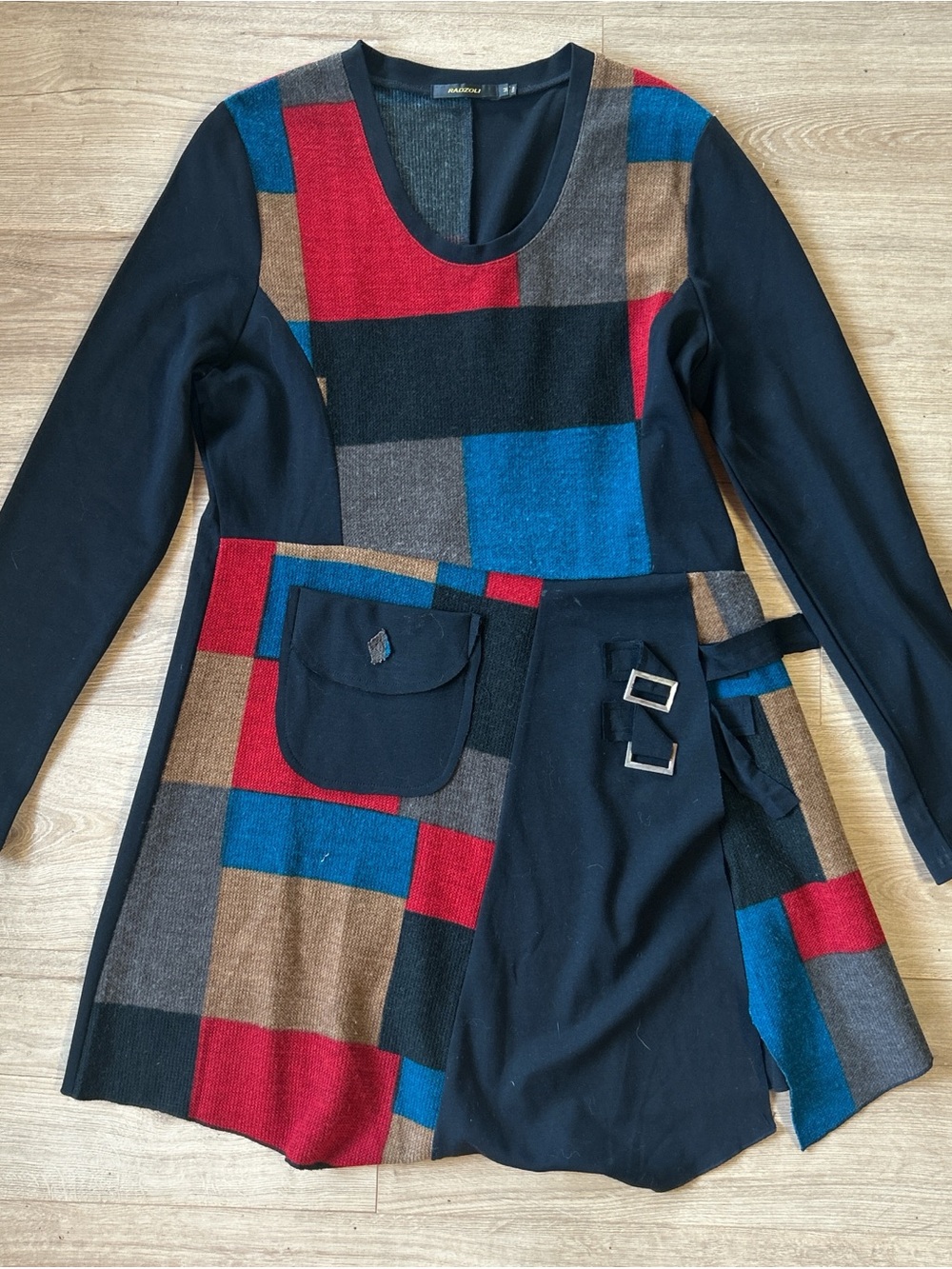 Radzoli Patchwork‎ A-Line Dress with Buckle Detail - Black, Red, Blue, Brown